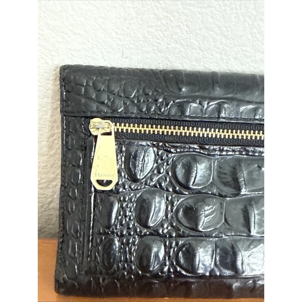 Brahmin Black Melbourne Tri Fold Wallet Croc Embossed Leather Pre-Owned